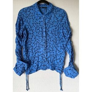 Zara Blouse Women Medium Blue Floral Ruched Sleeve Drawstring Crop Viscose Top